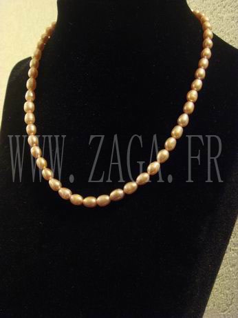 Collier perles de culture ovales roses fonc&eacute;s 6-7mm