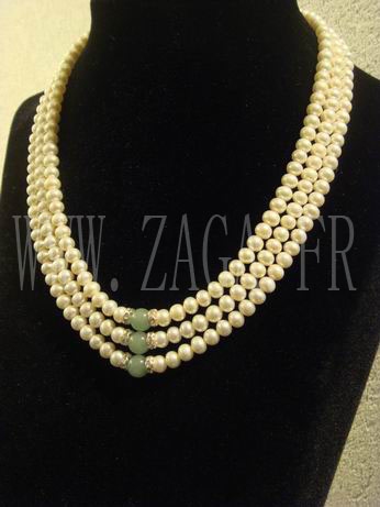 Collier perles de culture et jade trois rangs