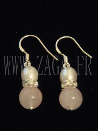 Boucles d`oreille perles de culture et quartz roses